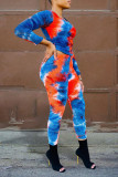 Blue Casual Print Patchwork O Neck Long Sleeve Two Pieces