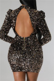 Green Sexy Patchwork Hollowed Out Sequins O Neck Long Sleeve Dresses