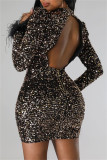 Green Sexy Patchwork Hollowed Out Sequins O Neck Long Sleeve Dresses
