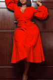 Tangerine Red Casual Solid Patchwork V Neck Irregular Dress Dresses