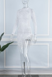 Pink Sexy Patchwork Hot Drilling See-through Feathers Beading Asymmetrical Half A Turtleneck Long Sleeve Dresses