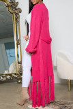 Rose Red Casual Solid Tassel Patchwork Cardigan Collar Outerwear