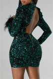 Green Sexy Patchwork Hollowed Out Sequins O Neck Long Sleeve Dresses