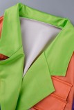 Red Casual Patchwork Cardigan Contrast Turn-back Collar Outerwear