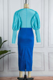 Blue Casual Daily Patchwork Contrast O Neck Long Sleeve Dresses