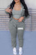 Grey Casual Print Letter Hooded Collar Long Sleeve Two Pieces