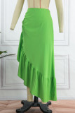 Green Casual Solid Patchwork Asymmetrical Regular High Waist Skirts