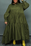 Army Green Casual Solid Patchwork Buttons Fold Turndown Collar Shirt Dress Plus Size Dresses