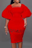Red Elegant Solid Patchwork Square Collar One Step Skirt Dresses