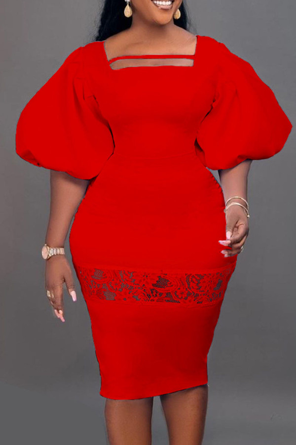 Red Elegant Solid Patchwork Square Collar One Step Skirt Dresses