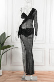 Black Sexy Patchwork Frenulum See-through Backless Slit Oblique Collar Long Sleeve Three-piece Set
