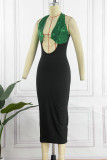 Gold Sexy Solid Sequins Patchwork Backless Halter Pencil Skirt Dresses