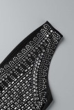 Black Sexy Patchwork Hot Drilling See-through Backless V Neck Sleeveless Two Pieces