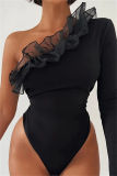 Black Sexy Casual Solid Patchwork Backless Oblique Collar Skinny Romper
