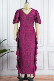 Rose Red Casual Solid Patchwork V Neck Short Sleeve Dress Dresses