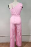 Pink Casual Solid Patchwork V Neck Straight Jumpsuits