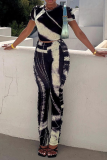 Black Sexy Print Patchwork O Neck Short Sleeve Two Pieces