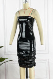 Rose Red Sexy Solid Backless Fold Spaghetti Strap Sleeveless Dress Dresses