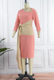 Pink Casual Patchwork Frenulum Oblique Collar Pencil Skirt Dresses