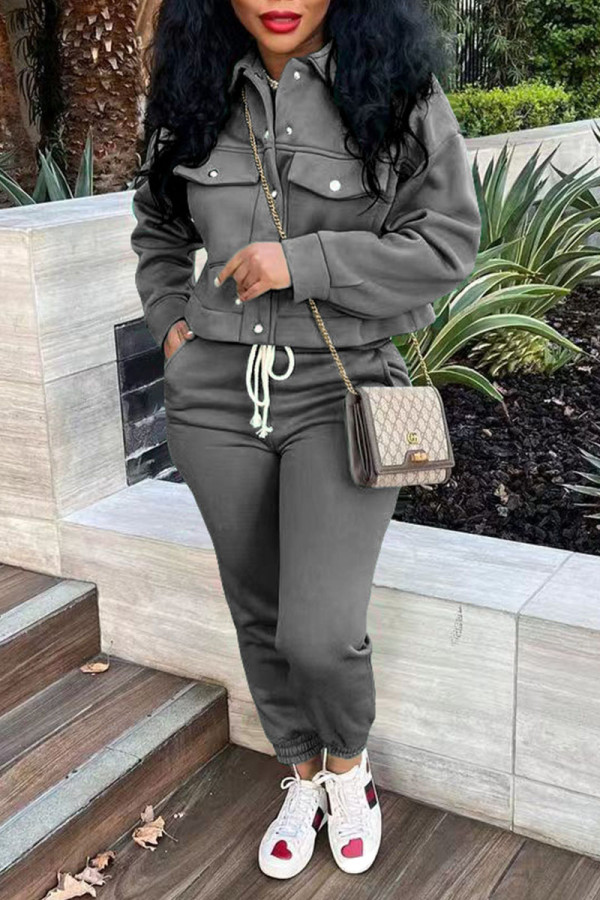 Grey Casual Solid Patchwork Buckle Turndown Collar Long Sleeve Two Pieces