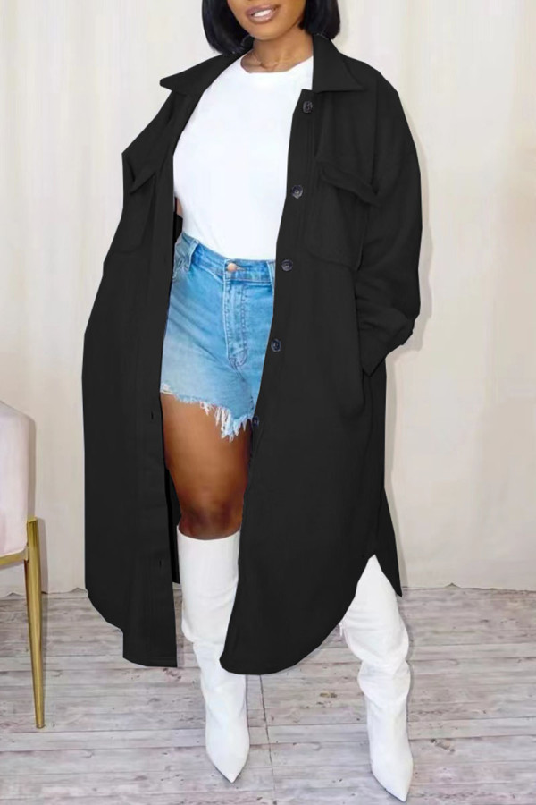 Black Casual Solid Patchwork Turndown Collar Outerwear