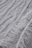 Pink Sexy Patchwork Hot Drilling See-through Feathers Beading Asymmetrical Half A Turtleneck Long Sleeve Dresses