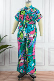 Multicolor Casual Print Patchwork Turndown Collar Regular Jumpsuits