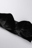 Black Sexy Patchwork Frenulum See-through Backless Slit Oblique Collar Long Sleeve Three-piece Set