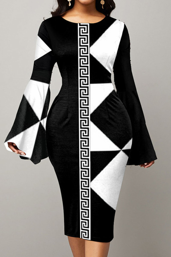 Black And White Casual Print Patchwork O Neck One Step Skirt Dresses