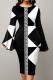 Black And White Casual Print Patchwork O Neck One Step Skirt Dresses