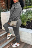 Grey Casual Solid Patchwork Buckle Turndown Collar Long Sleeve Two Pieces