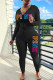 Black Casual Letter Print Basic Hooded Collar Long Sleeve Two Pieces