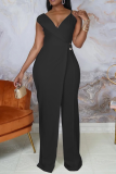 Pink Casual Solid Patchwork V Neck Straight Jumpsuits