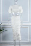 White Sexy Solid Fold O Neck Short Sleeve Two Pieces