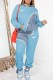 Baby Blue Casual Print Patchwork Hooded Collar Long Sleeve Two Pieces