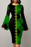 Green Casual Print Patchwork O Neck One Step Skirt Dresses