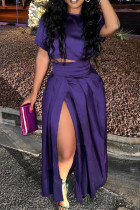 Purple Casual Solid Slit O Neck Short Sleeve Two Pieces