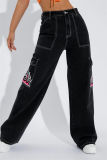 Black Casual Print Patchwork Straight Denim Jeans