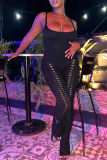 Black Sexy Solid Hollowed Out Square Collar Skinny Jumpsuits
