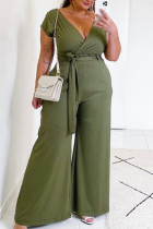 Army Green Casual Solid Bandage Patchwork V Neck Plus Size Jumpsuits