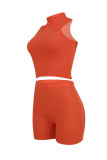 Watermelon Red Casual Solid Patchwork Half A Turtleneck Sleeveless Two Pieces