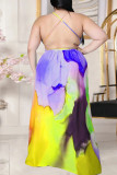 Yellow Purple Casual Tie Dye Patchwork Frenulum V Neck Sling Dress Plus Size Dresses