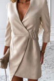 Apricot Casual Solid Patchwork V Neck Long Sleeve Dresses