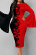 Red Black Casual Print Patchwork O Neck One Step Skirt Dresses