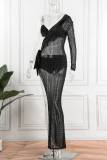 Black Sexy Patchwork Frenulum See-through Backless Slit Oblique Collar Long Sleeve Three-piece Set