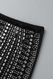 Black Sexy Patchwork Hot Drilling See-through Backless V Neck Sleeveless Two Pieces