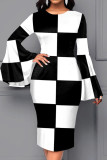 Black White Casual Print Patchwork O Neck One Step Skirt Dresses