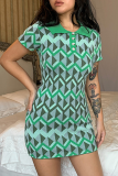 Green Sexy Print Draw String Turndown Collar Pencil Skirt Dresses