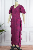 Rose Red Casual Solid Patchwork V Neck Short Sleeve Dress Dresses