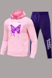 Pink Street Butterfly Print Draw String Hooded Collar Long Sleeve Two Pieces